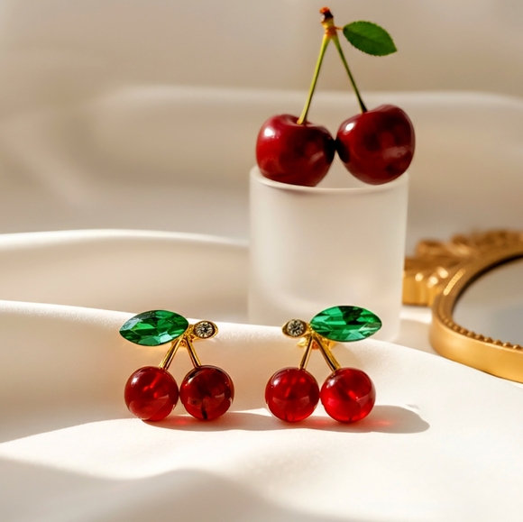 Cute Cherry Stud Earrings Dainty Minimalist | 925 Sterling Silver Posts 🍒 - Picture 8 of 10
